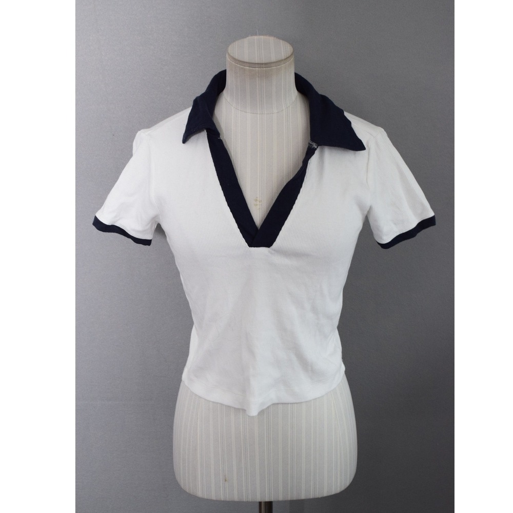 Maeve Anthropologie Polo Shirt Small White Navy Ribbed V-Neck Women Top